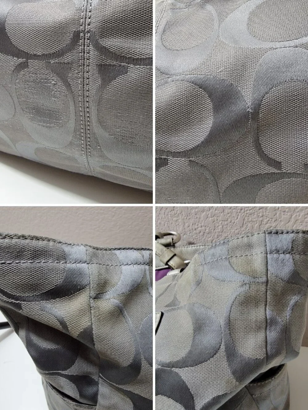 Coach Gabby Signature Gray Silver Carryall Tote Bag Purple Lining F14863 Large